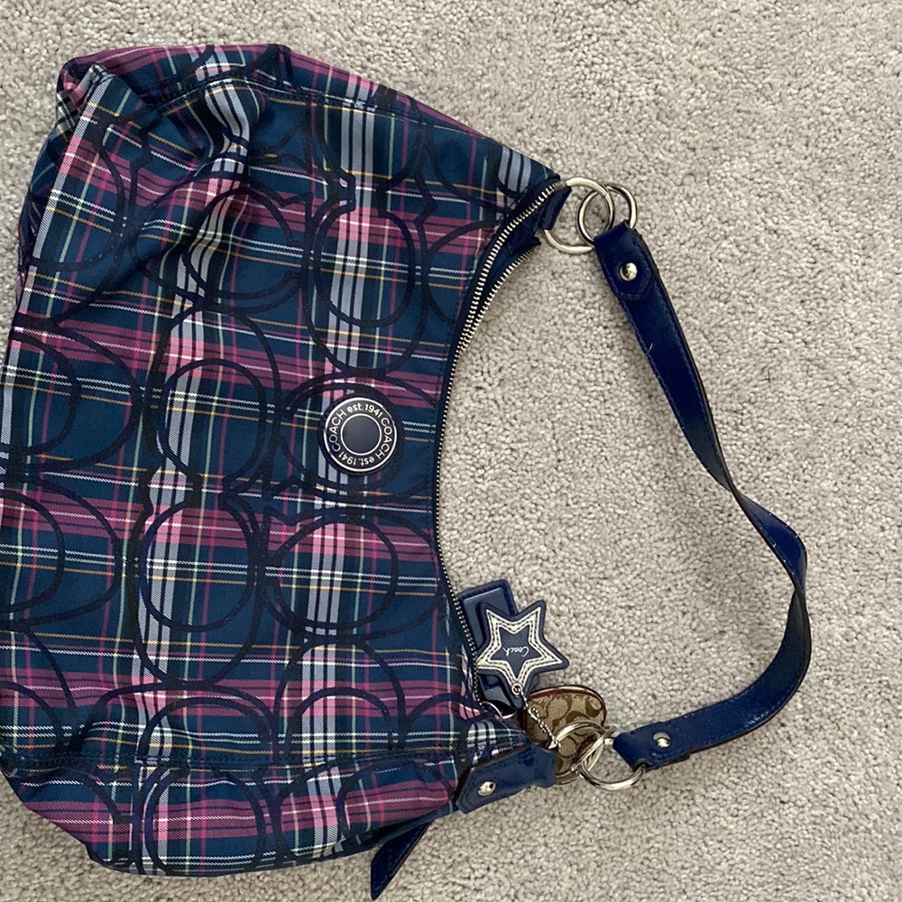 Coach bag with plaid purple and navy design